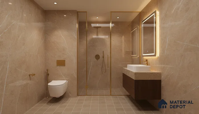 Modern bathroom with beige marble-look wall tiles, matte beige floor tiles, and floating wood vanity | Material Depot