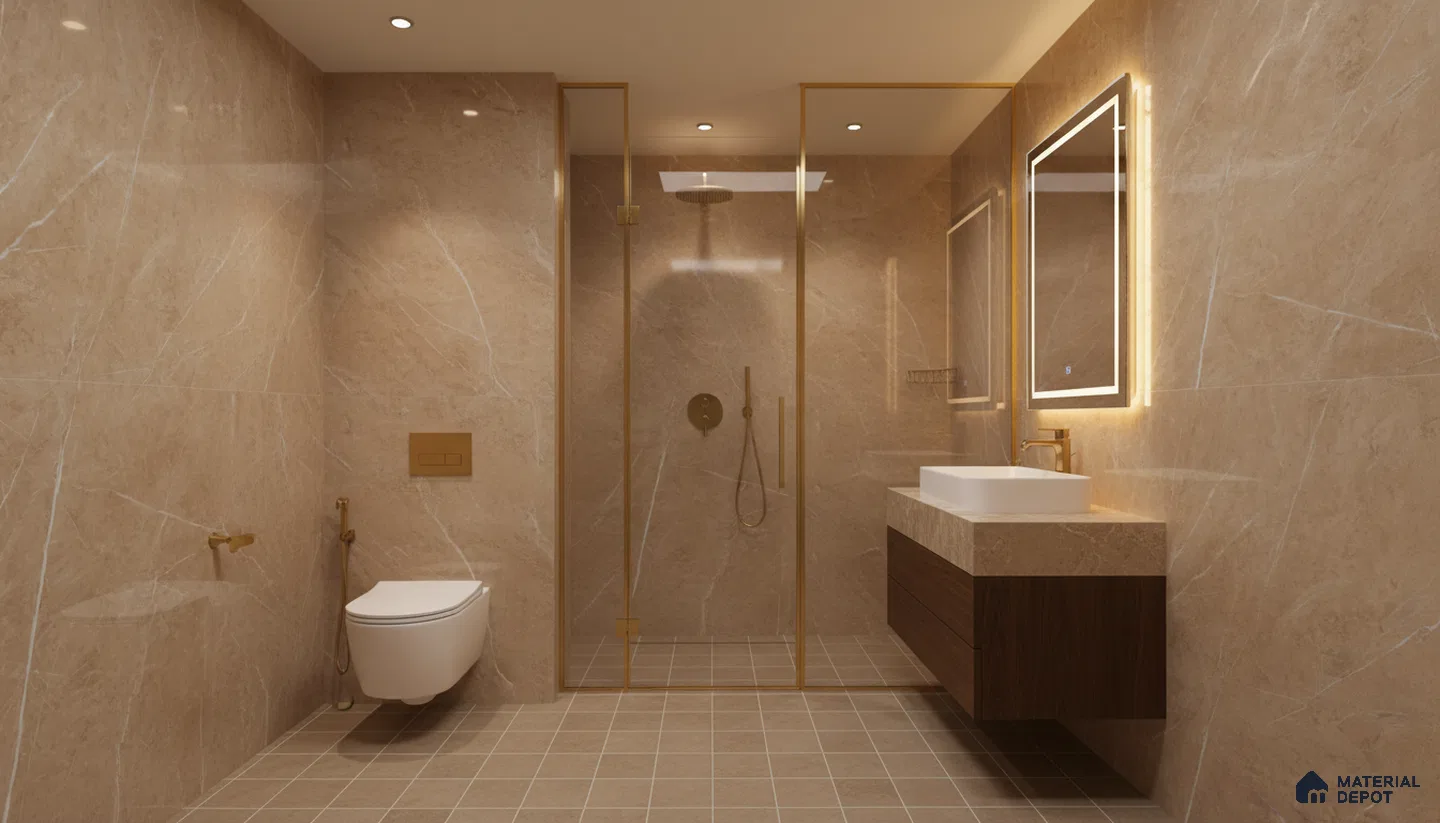 Modern bathroom with beige marble-look wall tiles, matte beige floor tiles, and floating wood vanity | Material Depot