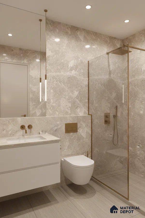 Modern bathroom with beige marble-look wall tiles, matte beige floor tiles, and gold accents | Material Depot