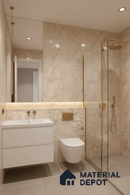 Modern bathroom with beige marble-look wall tiles, matte beige floor tiles, and gold accents | Material Depot