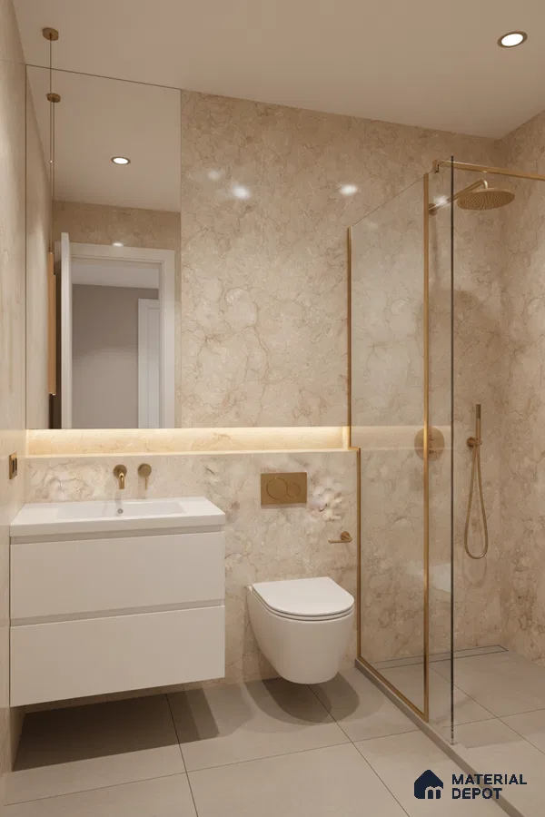 Modern bathroom with beige marble-look wall tiles, matte beige floor tiles, and gold accents | Material Depot