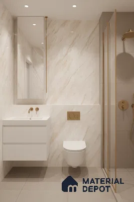 Modern bathroom with beige marble-look wall tiles, matte beige floor tiles, and white floating vanity | Material Depot