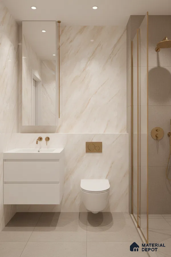 Modern bathroom with beige marble-look wall tiles, matte beige floor tiles, and white floating vanity | Material Depot