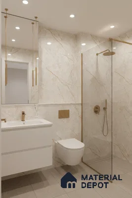 Modern bathroom with beige marble-look wall tiles, matte beige floor tiles, and white floating vanity | Material Depot