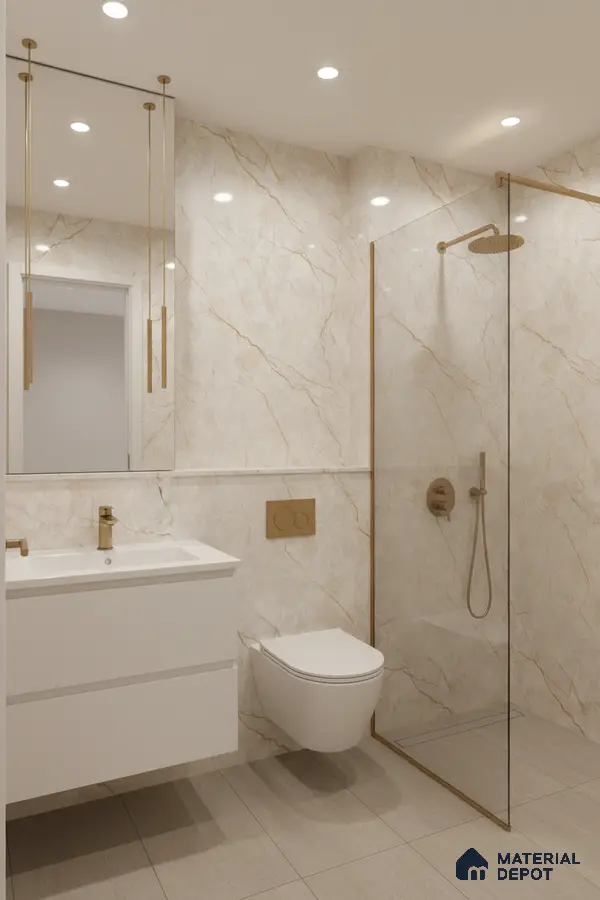 Modern bathroom with beige marble-look wall tiles, matte beige floor tiles, and white floating vanity | Material Depot