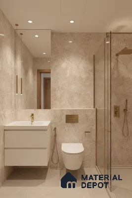 Modern bathroom with beige marble-look wall tiles, matte beige floor tiles, and white floating vanity | Material Depot