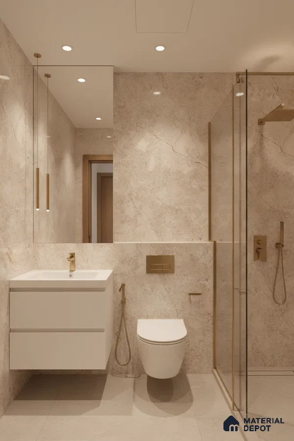 Modern bathroom with beige marble-look wall tiles, matte beige floor tiles, and white floating vanity | Material Depot