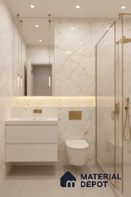 Modern bathroom with beige marble-look wall tiles, matte white floating vanity, and gold accents | Material Depot