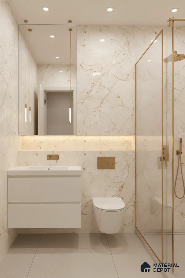 Modern bathroom with beige marble-look wall tiles, matte white floating vanity, and gold accents | Material Depot