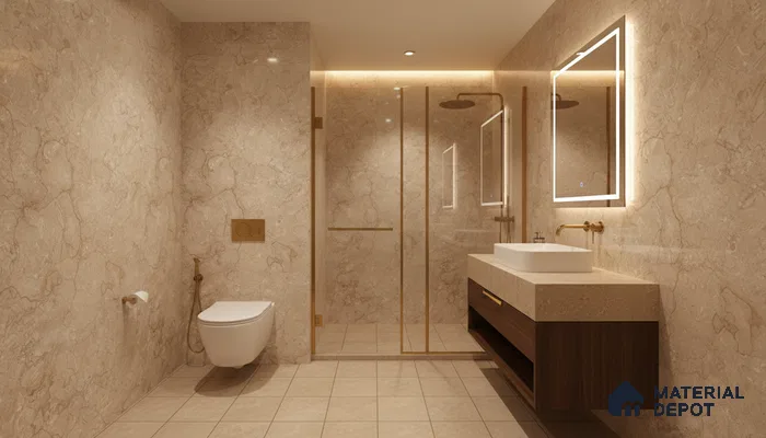 Modern bathroom with beige marble-look wall tiles, stone countertop, and walnut brown floating vanity | Material Depot