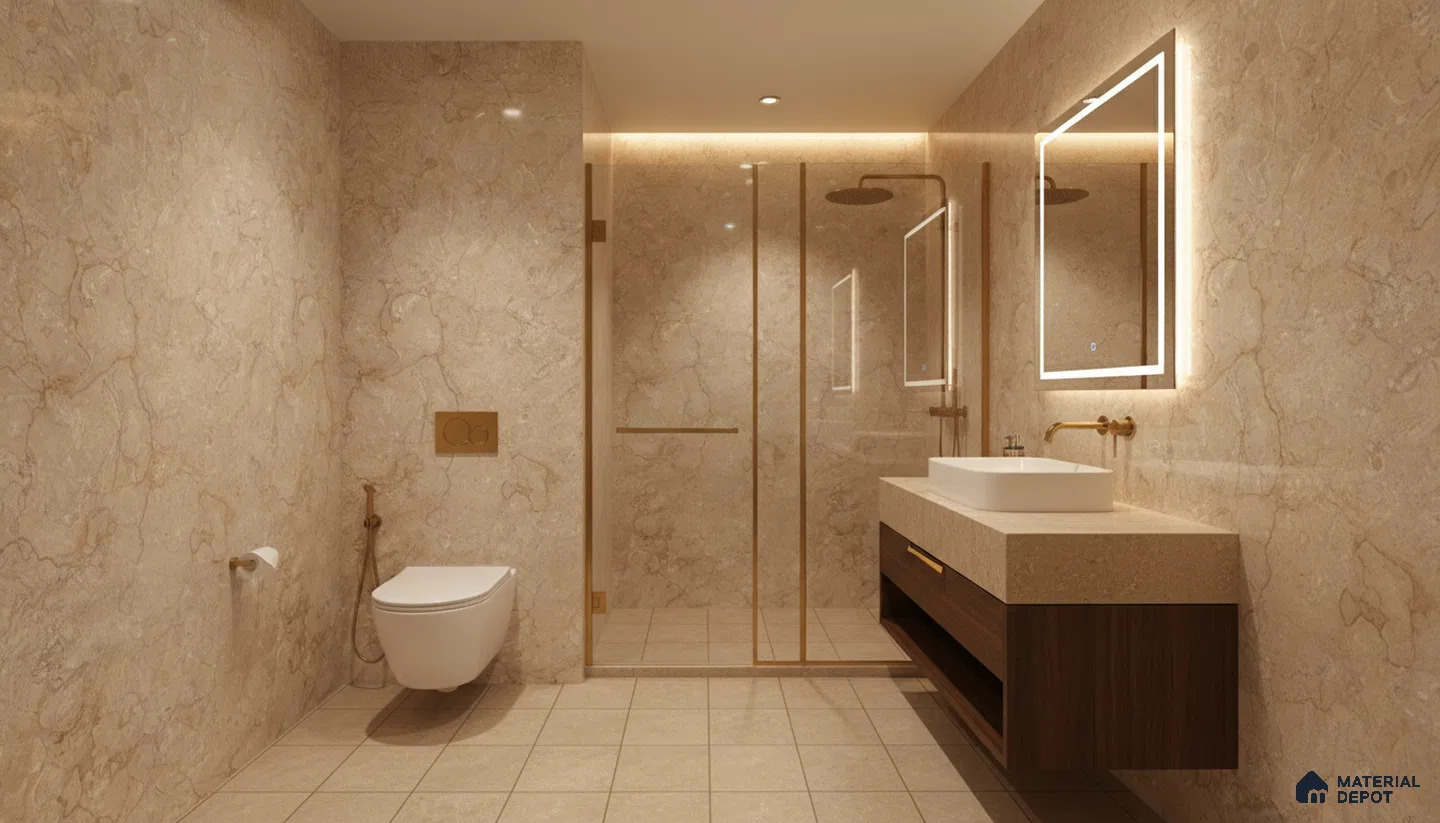 Modern bathroom with beige marble-look wall tiles, stone countertop, and walnut brown floating vanity | Material Depot