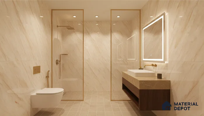 Modern bathroom with beige marble-look wall tiles, stone countertop, and wooden vanity | Material Depot