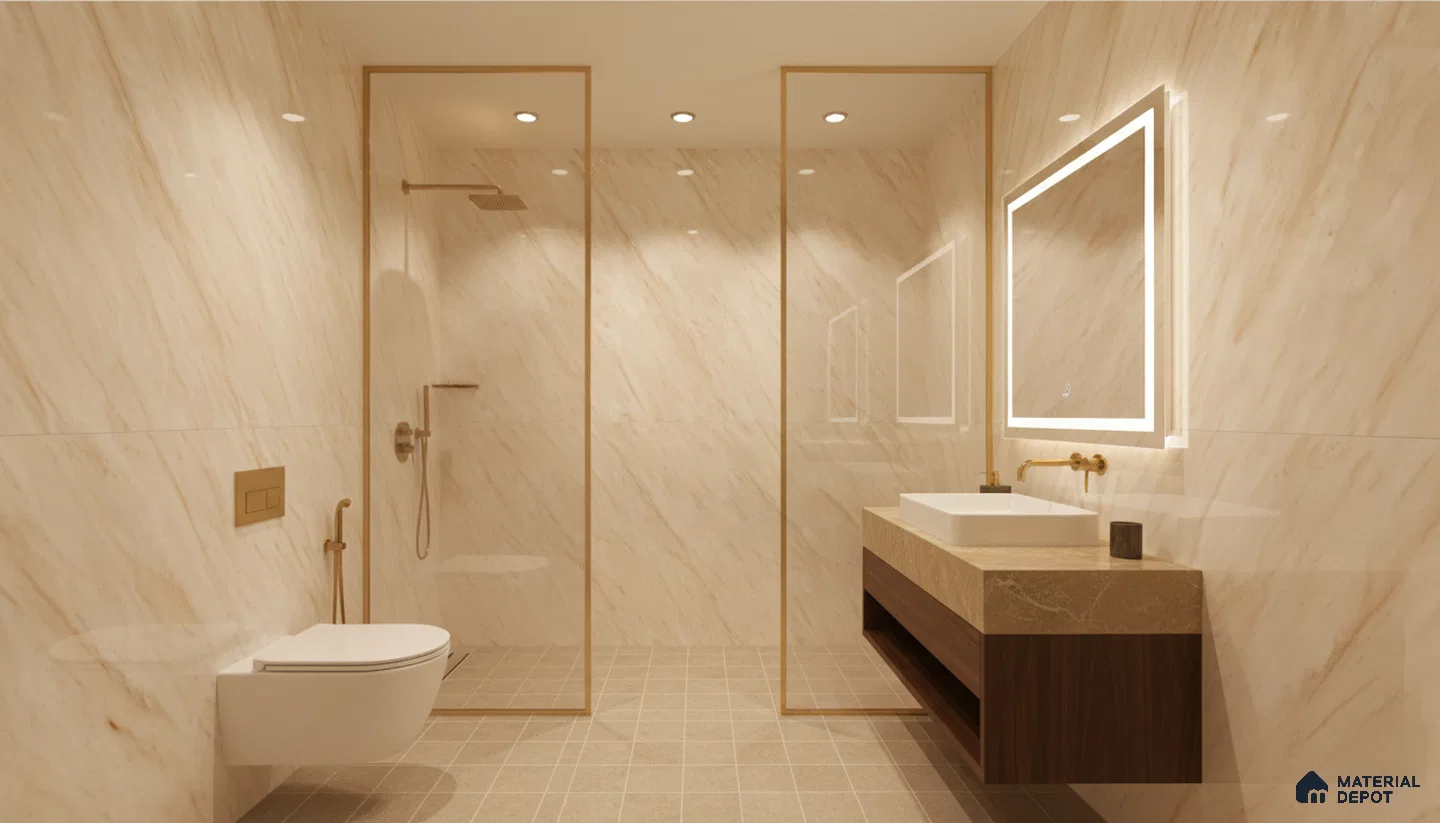 Modern bathroom with beige marble-look wall tiles, stone countertop, and wooden vanity | Material Depot