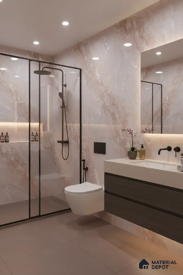 Modern bathroom with beige marble-look wall tiles, taupe floor tiles, and floating wood vanity | Material Depot