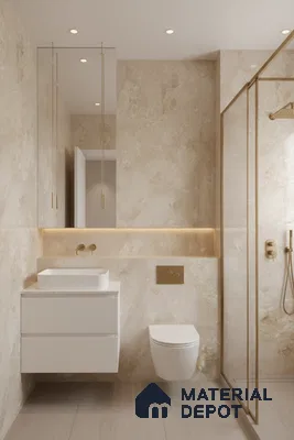 Modern bathroom with beige marble-look wall tiles, white floating vanity, and gold accents | Material Depot