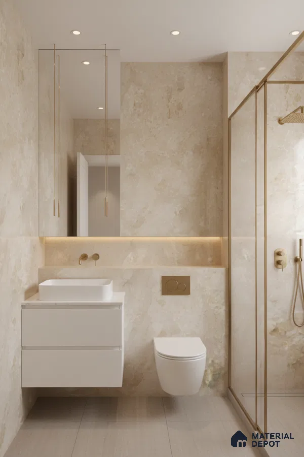 Modern bathroom with beige marble-look wall tiles, white floating vanity, and gold accents | Material Depot