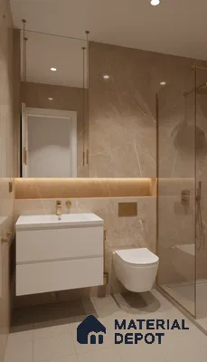 Modern bathroom with beige marble-look wall tiles, white floating vanity, and gold accents | Material Depot