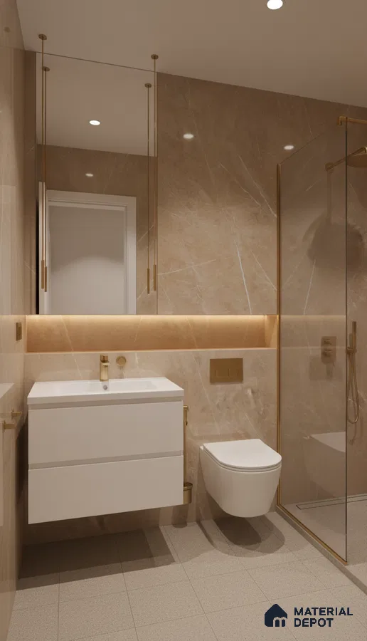 Modern bathroom with beige marble-look wall tiles, white floating vanity, and gold accents | Material Depot