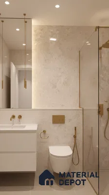 Modern bathroom with beige marble-look wall tiles, white floating vanity, and gold fixtures | Material Depot