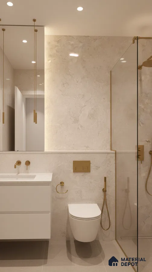 Modern bathroom with beige marble-look wall tiles, white floating vanity, and gold fixtures | Material Depot