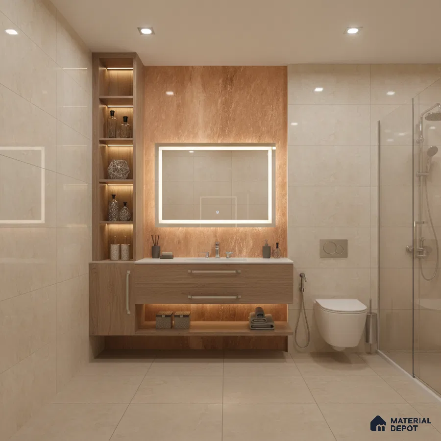 Modern bathroom with beige marble-look wall tiles, wooden floating vanity, and warm brown accent tile | Material Depot