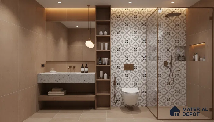 Modern bathroom design with beige matte wall tiles, terrazzo countertop, and patterned geometric shower wall tiles in Bengaluru | Material Depot