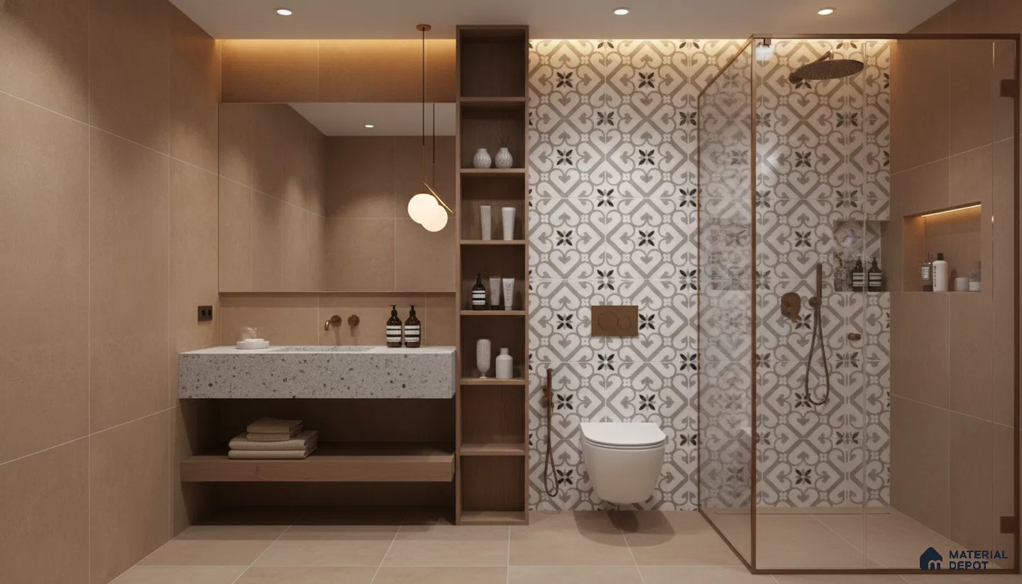 Modern bathroom design with beige matte wall tiles, terrazzo countertop, and patterned geometric shower wall tiles in Bengaluru | Material Depot
