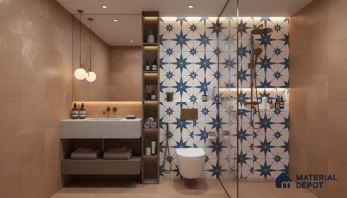 Modern bathroom design with beige matte wall tiles, terrazzo vanity, and blue geometric patterned shower wall tiles in Bengaluru | Material Depot