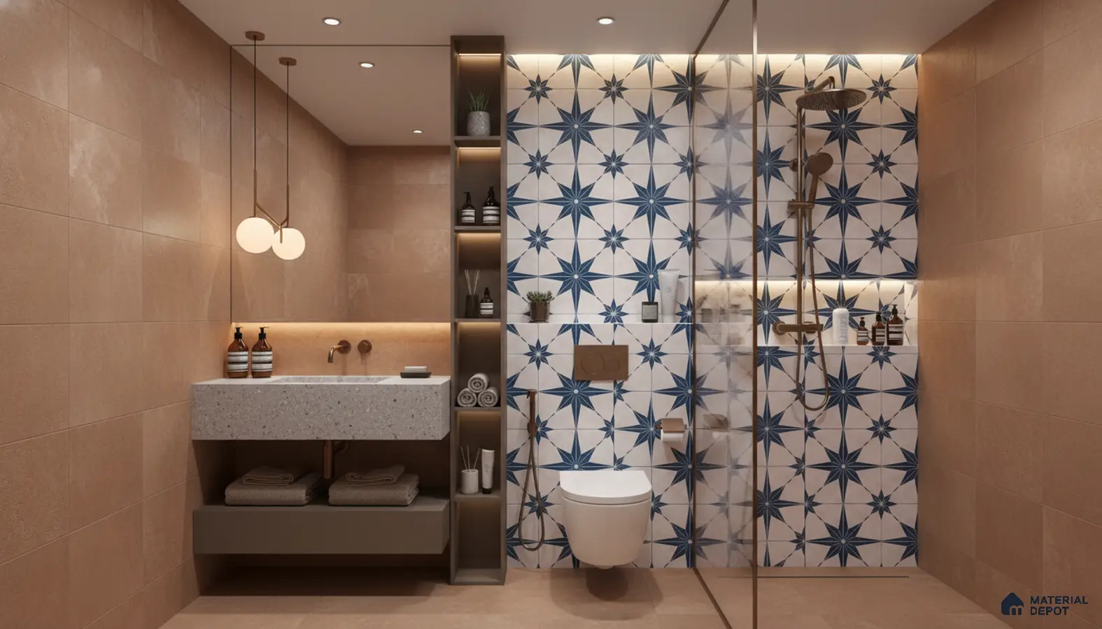 Modern bathroom design with beige matte wall tiles, terrazzo vanity, and blue geometric patterned shower wall tiles in Bengaluru | Material Depot