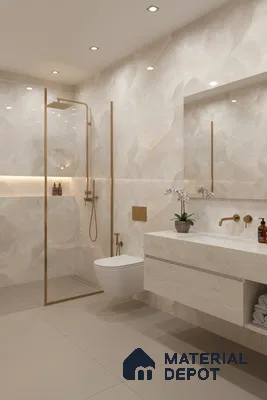 Modern bathroom with beige onyx marble-look wall tiles and matte beige floor tiles | Material Depot