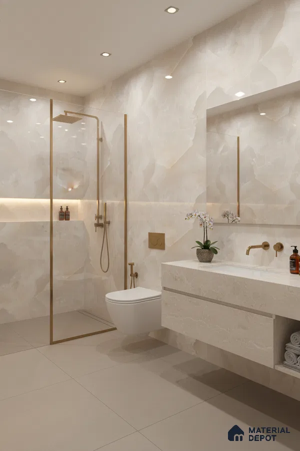 Modern bathroom with beige onyx marble-look wall tiles and matte beige floor tiles | Material Depot