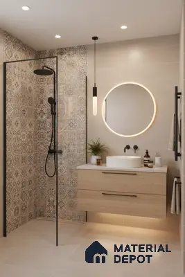 Modern bathroom with beige patterned highlighter wall tiles and light wood vanity in Bengaluru | Material Depot