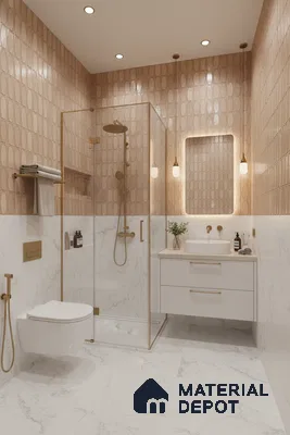 Modern bathroom with beige patterned wall tiles and white marble-look floor and wall tiles | Material Depot