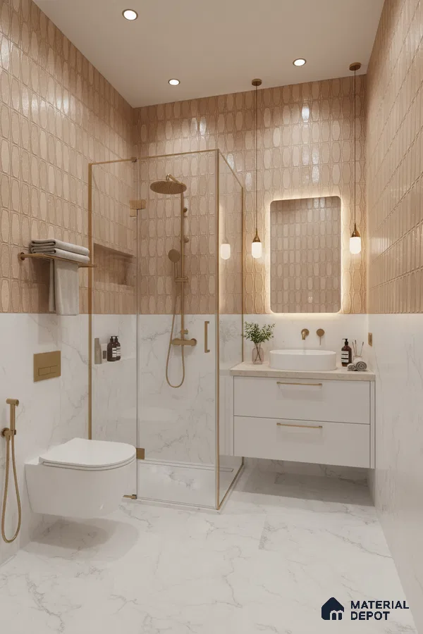Modern bathroom with beige patterned wall tiles and white marble-look floor and wall tiles | Material Depot