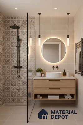 Modern bathroom with beige patterned wall tiles, light wood floating vanity, and matte beige floor tiles in Bengaluru | Material Depot