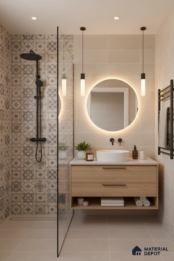 Modern bathroom with beige patterned wall tiles, light wood floating vanity, and matte beige floor tiles in Bengaluru | Material Depot