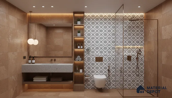 Modern bathroom design with beige stone tiles, floral patterned accent wall tile, and terrazzo countertop in Bengaluru | Material Depot