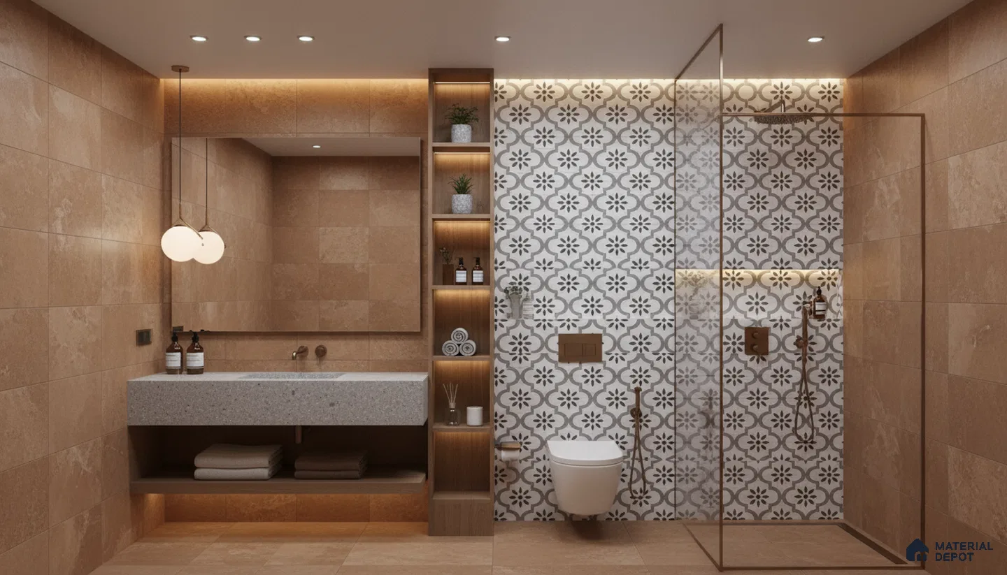 Modern bathroom design with beige stone tiles, floral patterned accent wall tile, and terrazzo countertop in Bengaluru | Material Depot
