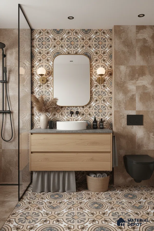 Modern bathroom with beige stone tiles, patterned moroccan floor and wall tiles, and light oak vanity in Bengaluru | Material Depot