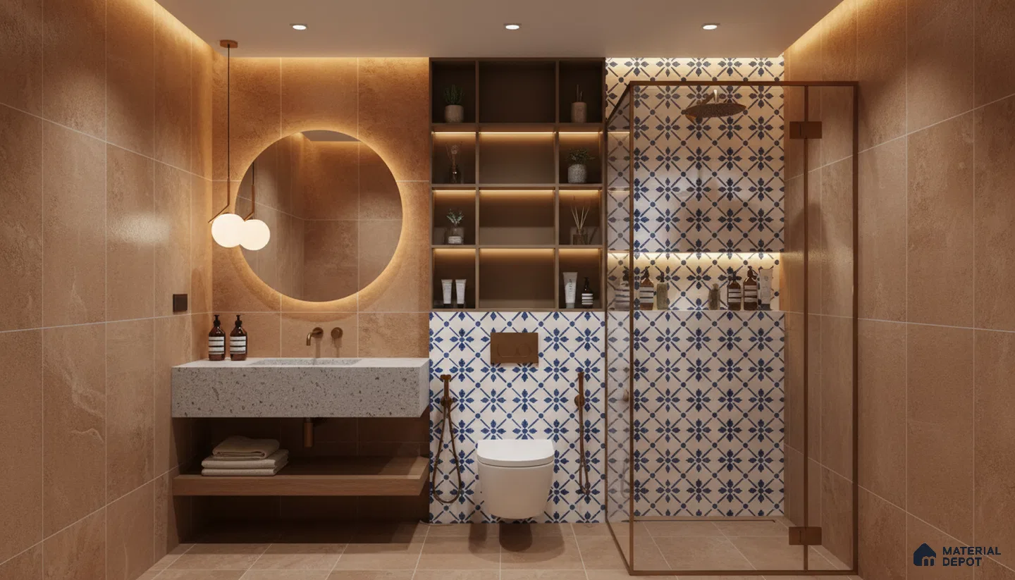 Modern bathroom design with beige stone tiles, terrazzo vanity, and blue geometric patterned wall tiles in Bengaluru | Material Depot