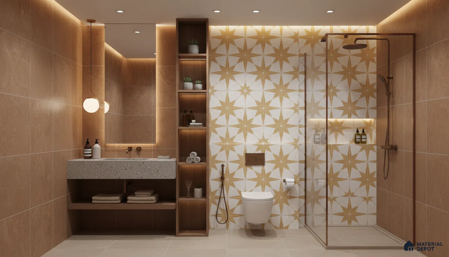 Modern bathroom design with beige stone wall tiles, terrazzo vanity, and yellow geometric patterned highlighter wall tiles in Bengaluru | Material Depot