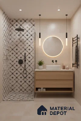 Modern bathroom with beige tiles, floral patterned shower wall tiles, and light oak floating vanity in Bengaluru | Material Depot