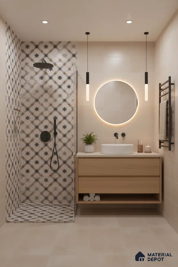 Modern bathroom with beige tiles, floral patterned shower wall tiles, and light oak floating vanity in Bengaluru | Material Depot