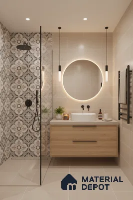 Modern bathroom with beige tiles, patterned moroccan shower wall tile, and light oak floating vanity in Bengaluru | Material Depot