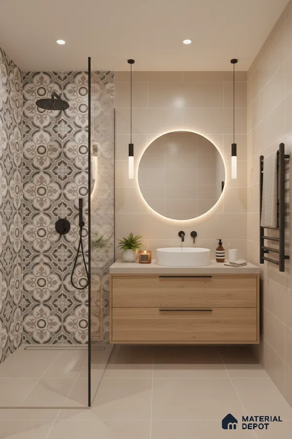Modern bathroom with beige tiles, patterned moroccan shower wall tile, and light oak floating vanity in Bengaluru | Material Depot