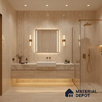 Modern bathroom with beige travertine-look tiles and marble vanity | Material Depot