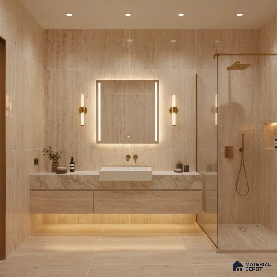 Modern bathroom with beige travertine-look tiles and marble vanity | Material Depot