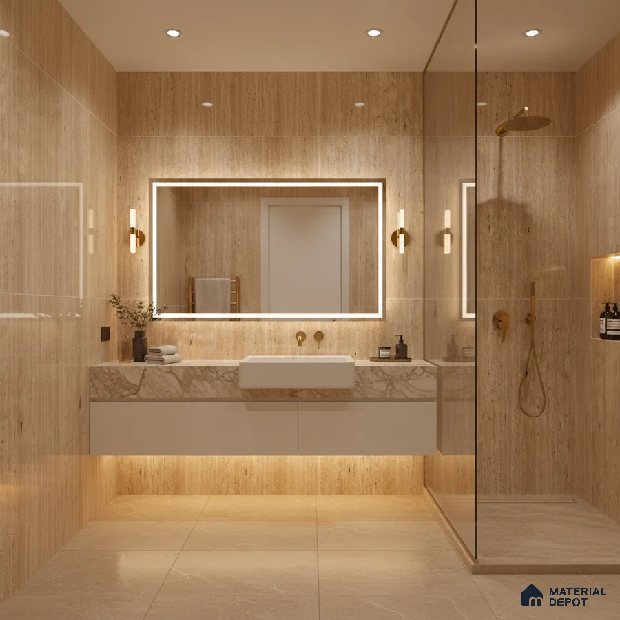 Modern bathroom with beige travertine-look wall and floor tiles and marble countertop vanity | Material Depot