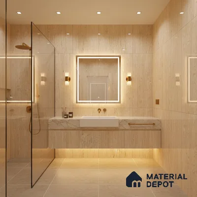 Modern bathroom with beige travertine-look wall tiles, marble-look vanity, and large format beige floor tiles | Material Depot