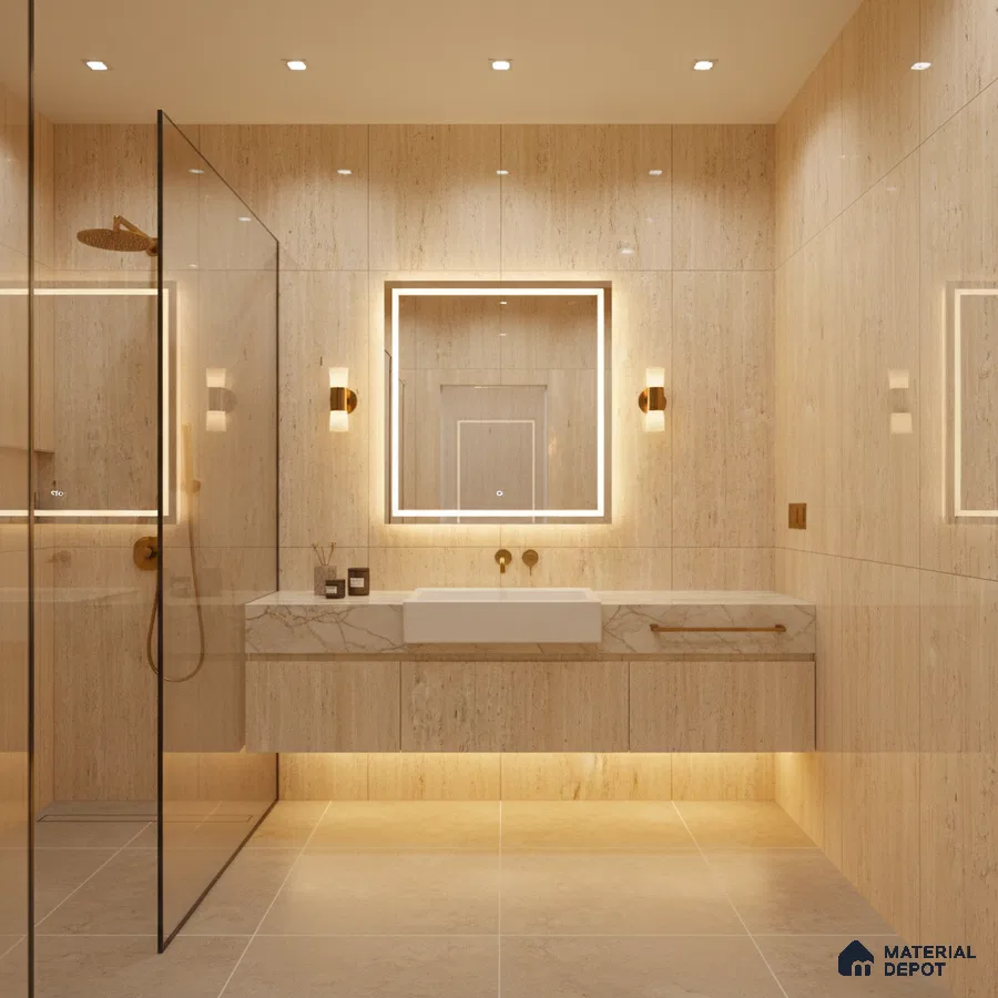 Modern bathroom with beige travertine-look wall tiles, marble-look vanity, and large format beige floor tiles | Material Depot